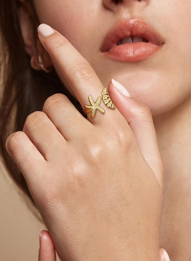 WOWORAMA Gold Seashell Starfish Rings for Women Textured Sea Star Shell Ring Adjustable Open Rings Ocean Starfish Shell Statement Stackable Band Ring Summer Jewelry - Image 4
