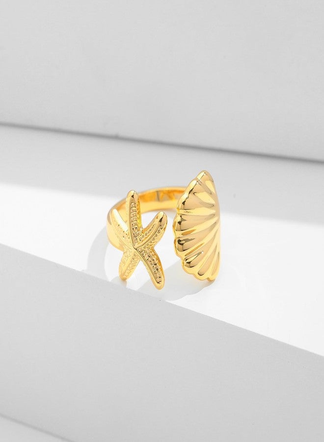 WOWORAMA Gold Seashell Starfish Rings for Women Textured Sea Star Shell Ring Adjustable Open Rings Ocean Starfish Shell Statement Stackable Band Ring Summer Jewelry - Image 5