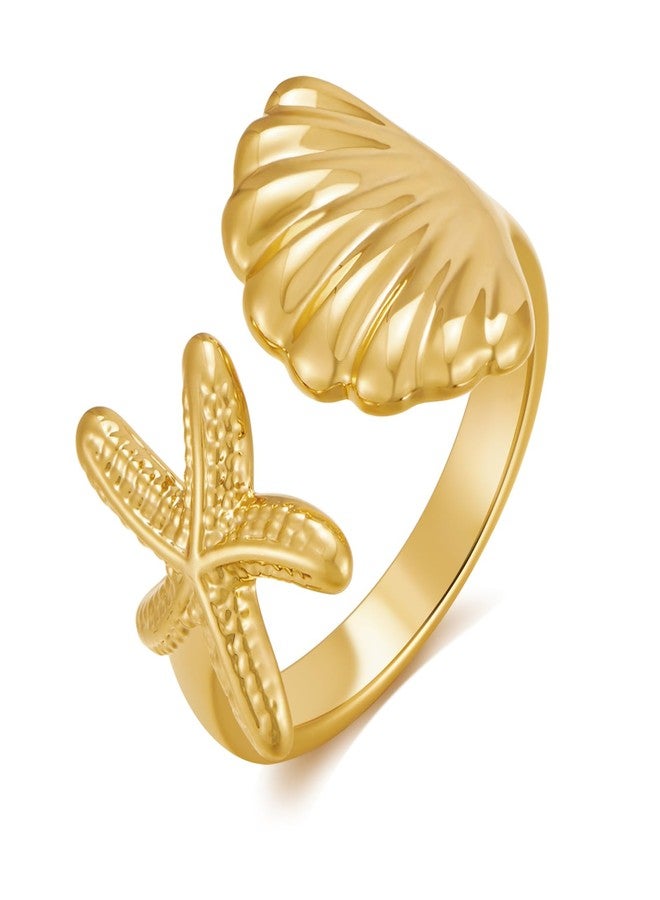 WOWORAMA Gold Seashell Starfish Rings for Women Textured Sea Star Shell Ring Adjustable Open Rings Ocean Starfish Shell Statement Stackable Band Ring Summer Jewelry - Image 1