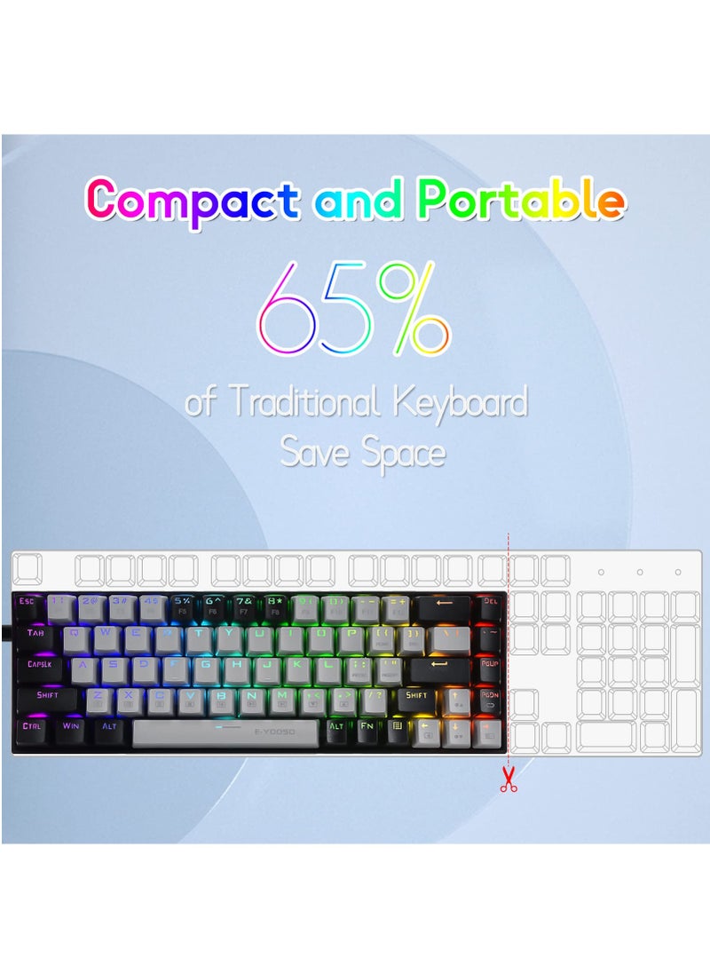 إي-يوسو - لوحة مفاتيح ألعاب RGB بنسبة 65%، لوحة مفاتيح ميكانيكية سلكية مكونة من 68 مفتاحًا باللون الأحمر، وكابل USB-C قابل للفصل، ومفاتيح أسهم منفصلة لألعاب المكتب - رمادي أسود - Image 1