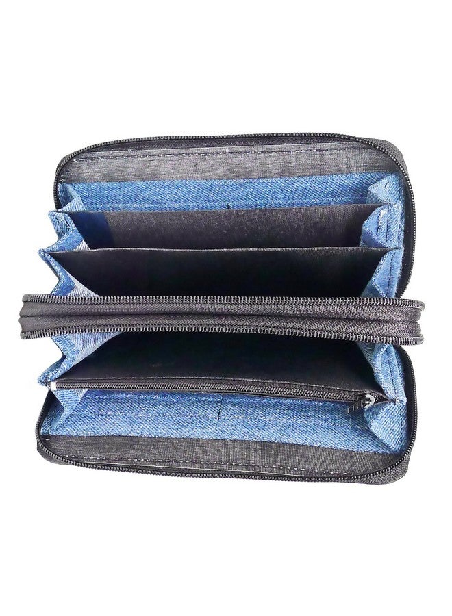 Bijoux De Ja Women Blue Denim Money Double Zipper Around Accordion Wallet Wristlet Purse Clutch Dmw015 - Image 2