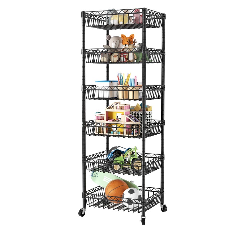 SINGAYE Shelf 6 Tier Wire Shelving Unit with Wheels Baskets Storage Rack Corner Shelves Adjustable Closet Bathroom Organizers Metal Pantry Kitchen Garage Laundry Room 135 D x 135 W x 63 H Black