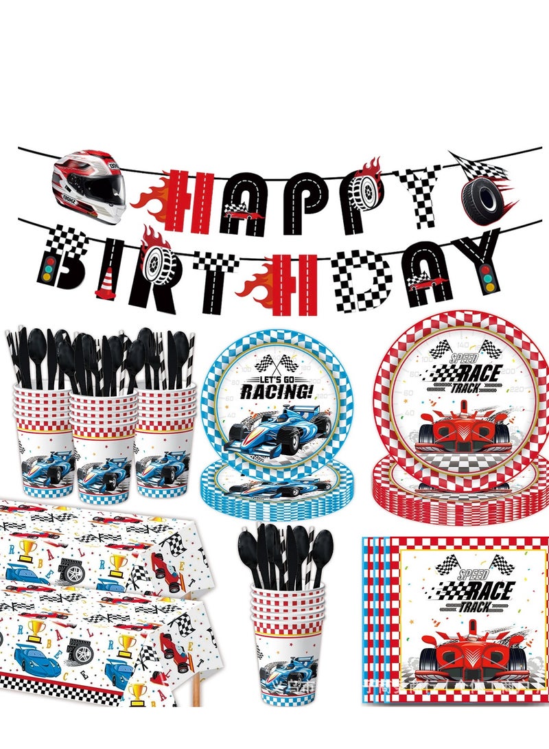 86-Piece Racing Car Party Supplies Set Plates, Cups, Tablecloth, Balloons  More  - Image 1