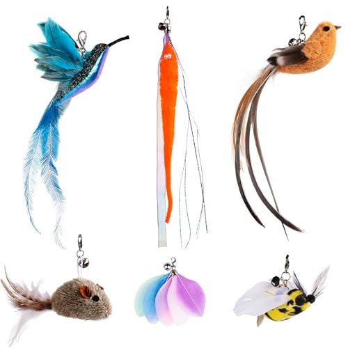 JXFUKAL Cat Feather Toy Refills, 6Pcs Simulation Bird Mouse Bee Worm Feather Cat Lures Wand Attachment Replacement for Kitty Kitten Indoor Cats Accessories - Image 1