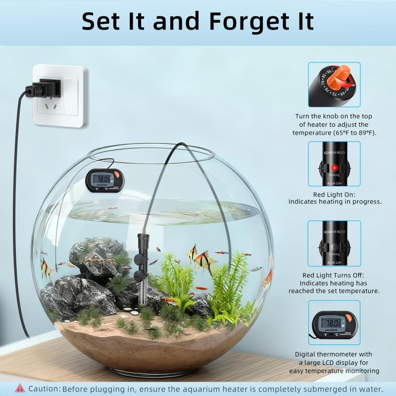 HiTauing Aquarium Heater 25W/50W/100W/200W/300W, Adjustable Knob Fish Tank Heater with Digital Thermometer, Submersible Betta/Turtle Tank Heater for Freshwater and Saltwater Tanks - Image 4