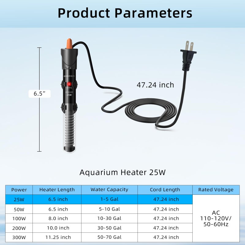 HiTauing Aquarium Heater 25W/50W/100W/200W/300W, Adjustable Knob Fish Tank Heater with Digital Thermometer, Submersible Betta/Turtle Tank Heater for Freshwater and Saltwater Tanks - Image 2