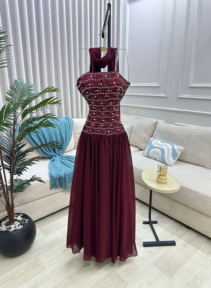 Long Sleeveless Evening Dress with Sequin Embroidery and Neck Tie - Image 1