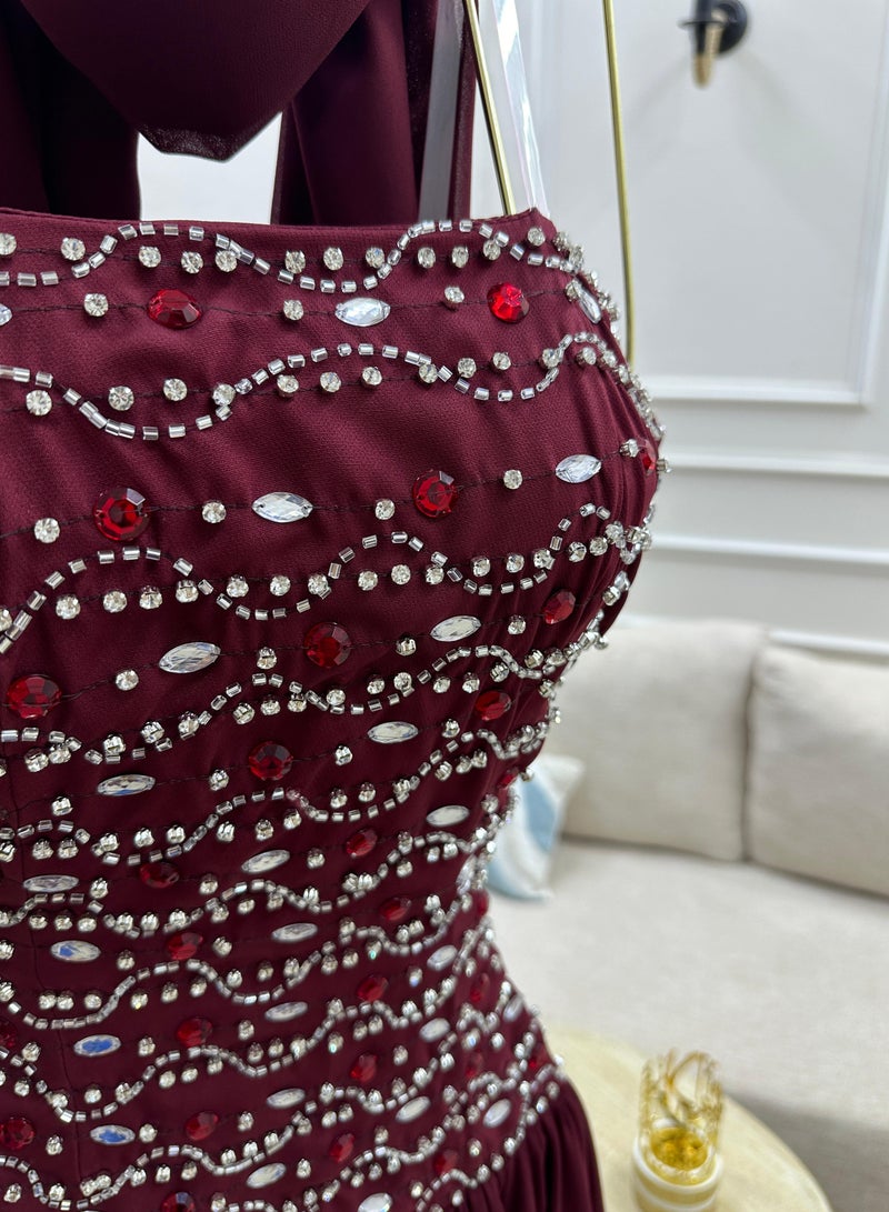 Long Sleeveless Evening Dress with Sequin Embroidery and Neck Tie - Image 3