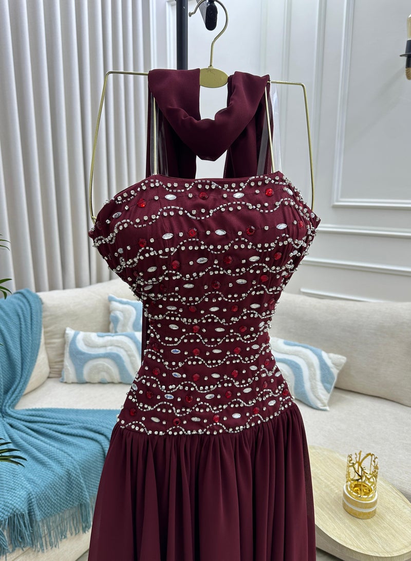 Long Sleeveless Evening Dress with Sequin Embroidery and Neck Tie - Image 2