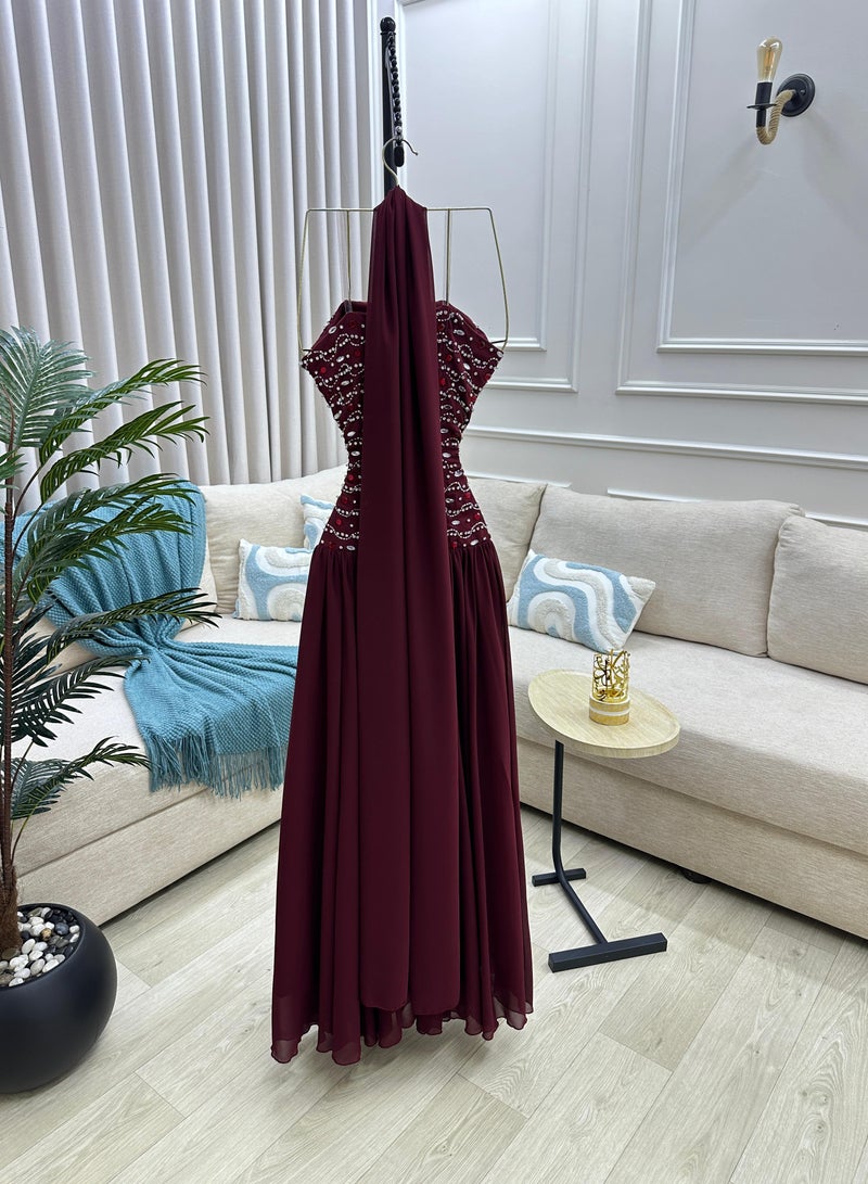 Long Sleeveless Evening Dress with Sequin Embroidery and Neck Tie - Image 4