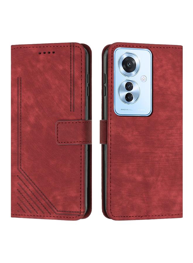 Green Tiger For OPPO Reno11 F Skin Feel Stripe Pattern Leather Phone Case with Lanyard(Red)