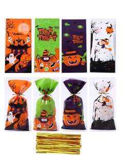 CityRiya-Long Halloween Cellophane Candy Bags, 4 Patterns Assorted 50PCS Halloween Treat Cookies Bags with Twist Ties Pumpkin Castle Sweets Bags, Kids Children Trick or Treat Party Favours Gift Wrap Bags  - Image 1