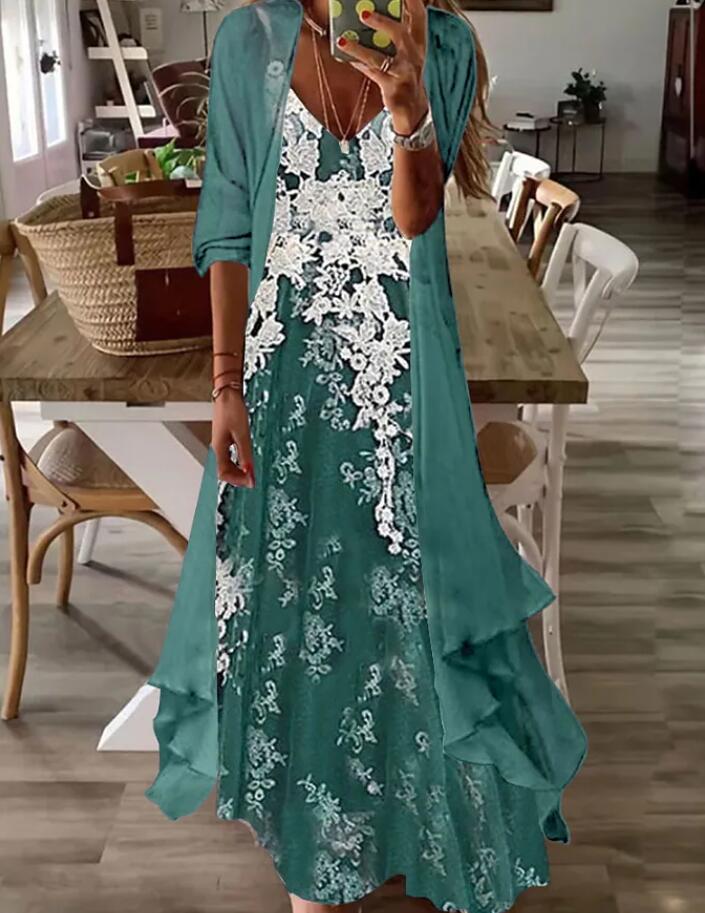 in stock Cross-border 2025 European and American Summer Womens Printed Vacation Strap Dress Indian Style Big Swing Dress Two-piece Set Green