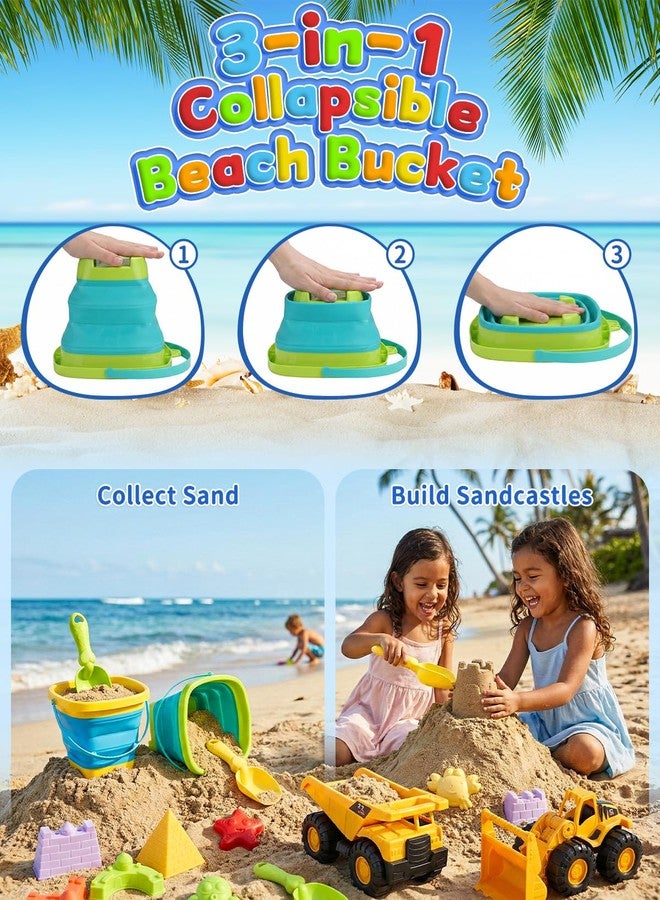 Fiderix 30PCS Beach Toys for Kids Ages 3-10, All-in-One Sand Toys Set with 2 Collapsible Buckets, Shovels, Trucks & Molds, Keep Kids Busy for Hours - Easy to Carry for Beach Travel Sandbox Play - Image 2