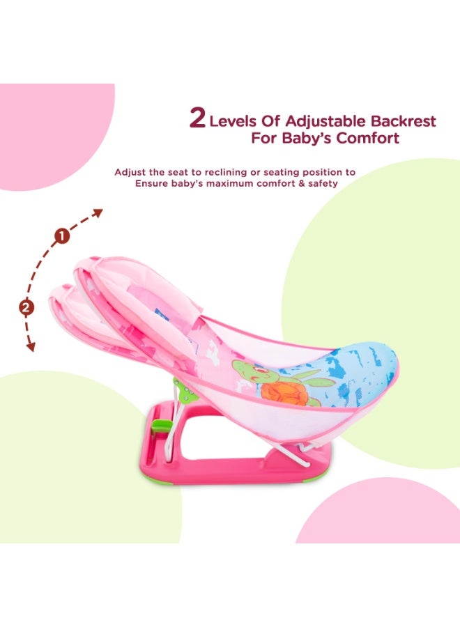 mee mee ﻿Mee Mee Baby Bather for Babies 0-12 Months Upto 5 Kg | Anti-Slip Bathing Chair | 3-Position Adjustable, Foldable & Compact, Washable Soft Mesh, Large Seat & Foot Rest (Pink) - Image 2