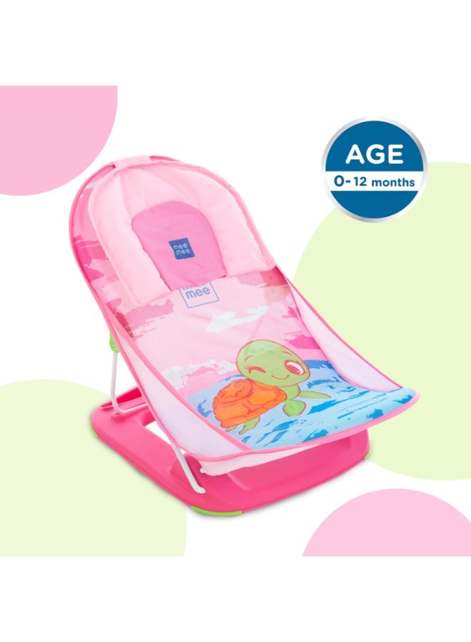 mee mee ﻿Mee Mee Baby Bather for Babies 0-12 Months Upto 5 Kg | Anti-Slip Bathing Chair | 3-Position Adjustable, Foldable & Compact, Washable Soft Mesh, Large Seat & Foot Rest (Pink) - Image 4