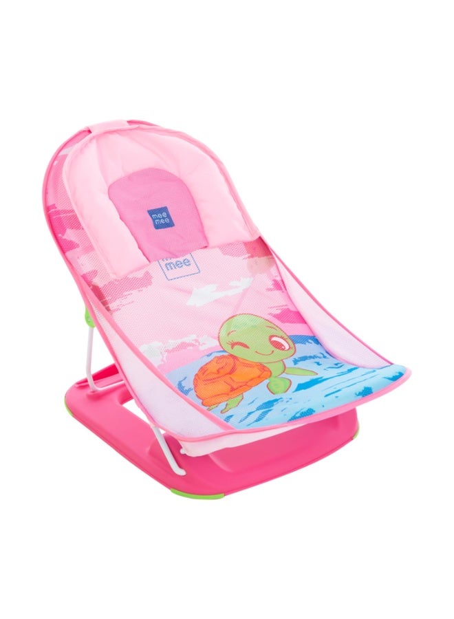 mee mee ﻿Mee Mee Baby Bather for Babies 0-12 Months Upto 5 Kg | Anti-Slip Bathing Chair | 3-Position Adjustable, Foldable & Compact, Washable Soft Mesh, Large Seat & Foot Rest (Pink) - Image 1