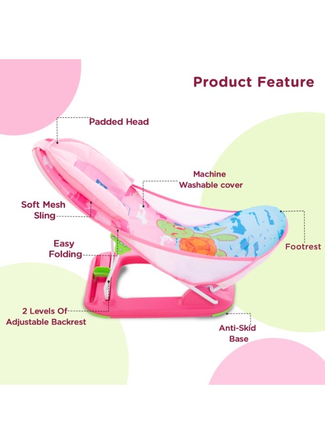 mee mee ﻿Mee Mee Baby Bather for Babies 0-12 Months Upto 5 Kg | Anti-Slip Bathing Chair | 3-Position Adjustable, Foldable & Compact, Washable Soft Mesh, Large Seat & Foot Rest (Pink) - Image 3