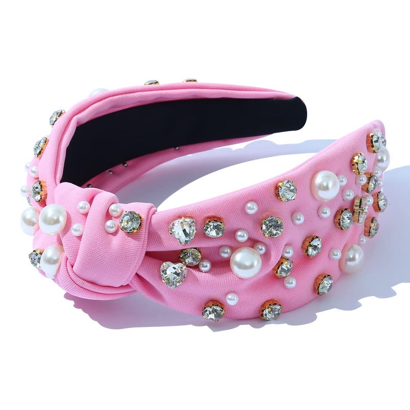 FEDANS Women Knotted Jeweled Headband Heart Shaped Crystal Embellished Mixed Top Hairband ladies Twist Nylon Pearl Hair accessories for Girls