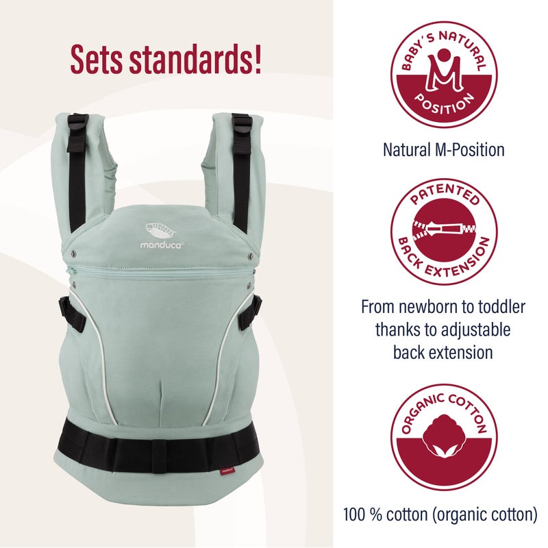 manduca FIRST >Mint< Ergonomic & physiological baby carrier, Back extension & seat reducer, organic cotton, 3 carrying positions for babies & children (3.5-20 kg) - Image 2