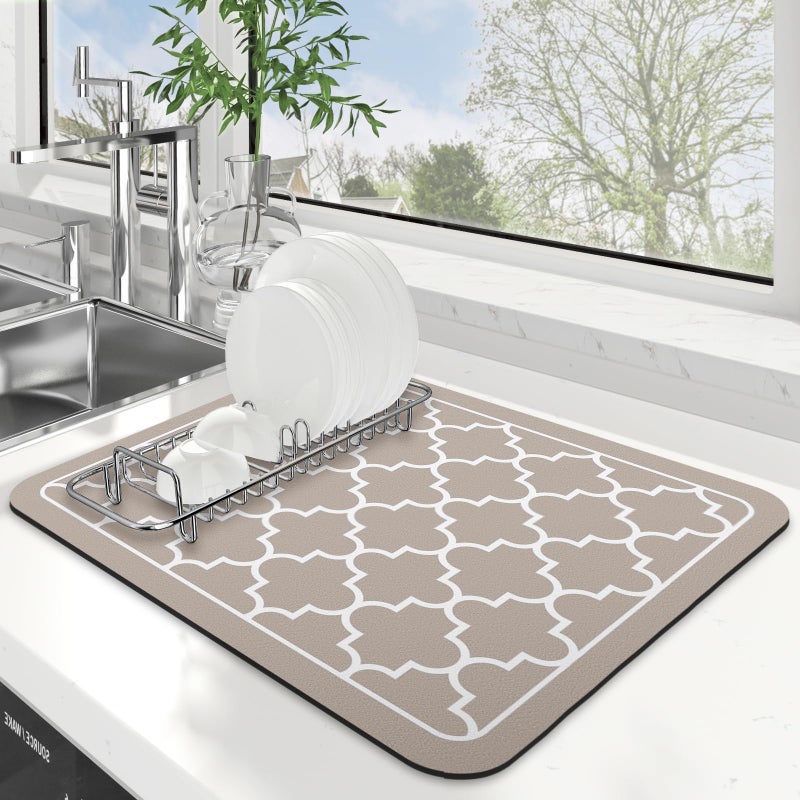 WISELIFE Dish Drying Mat Super Absorbent Drying Mat Large Dish Drying Mats for Kitchen Counter Easy Clean Dish Mat Kitchen Drying Mat15"x 18" Stylish Khaki - Image 1