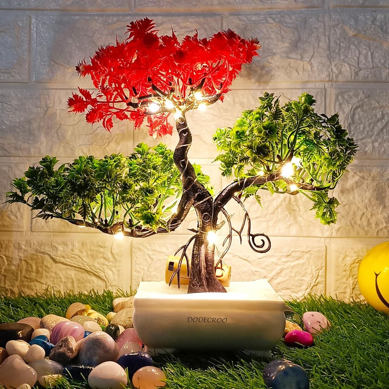 DODECROO ® 24 cm LED Artificial Tree - Elevate Your Home Decor with Stunning Lifelike Greenery, Artificial Plants for Home Decor (Red_Green) - Image 1