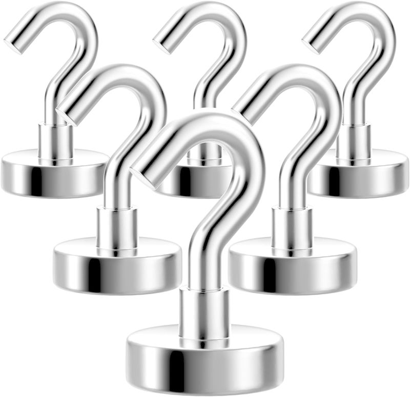 GREATMAG Magnetic Hooks Heavy Duty, 80 lbs Strong Hooks for Hanging, Magnet with Hook for Cruise, Grill, Fridge, Pack of 6, Silver - Image 1
