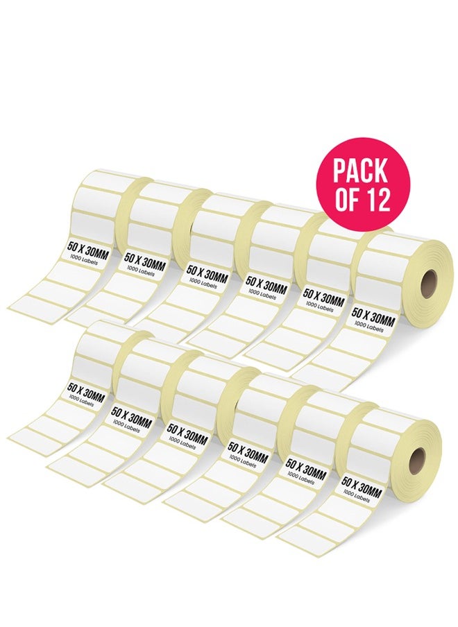 [12 Rolls, 12000 Labels] 12000 Direct Thermal Barcode Label Sticker, 5cmx3cm Sticky Labels, 50mmX30mm, Pack of 12 (1000 Each), Total 12000 Labels 