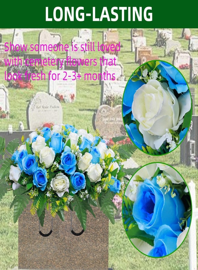 Lodou Artificial Cemetery Flower Saddles, Rose Headstone Flower Saddle Outdoor Grave Decorations,Cemetery Memorial Flowers with Vase for Grave Tombstone Decorations (Blue with White, Saddle) - Image 3