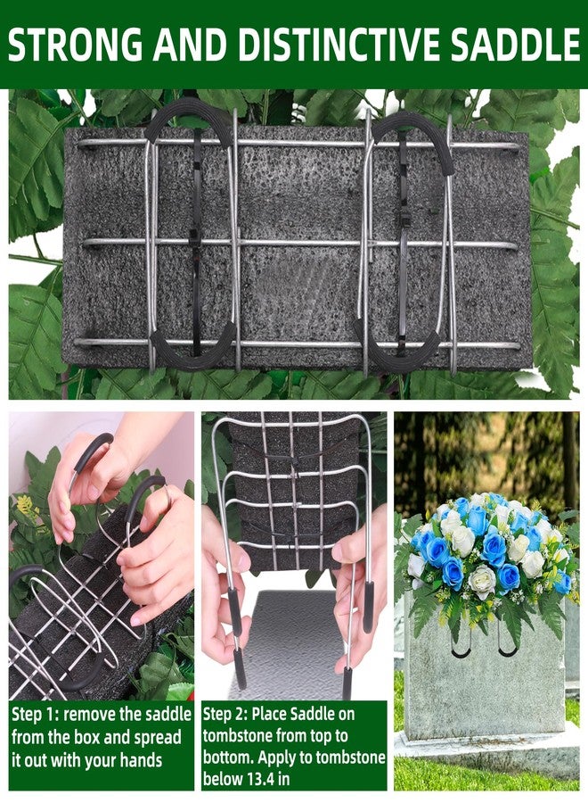 Lodou Artificial Cemetery Flower Saddles, Rose Headstone Flower Saddle Outdoor Grave Decorations,Cemetery Memorial Flowers with Vase for Grave Tombstone Decorations (Blue with White, Saddle) - Image 5