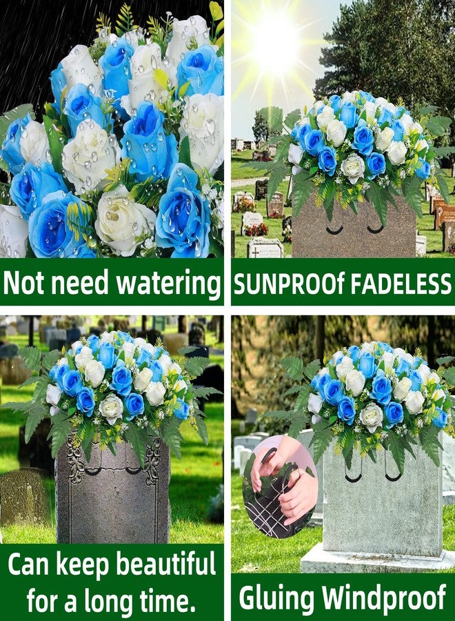 Lodou Artificial Cemetery Flower Saddles, Rose Headstone Flower Saddle Outdoor Grave Decorations,Cemetery Memorial Flowers with Vase for Grave Tombstone Decorations (Blue with White, Saddle) - Image 2