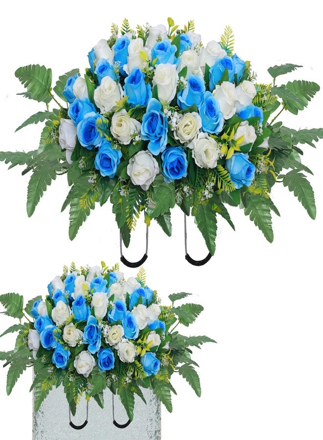 Lodou Artificial Cemetery Flower Saddles, Rose Headstone Flower Saddle Outdoor Grave Decorations,Cemetery Memorial Flowers with Vase for Grave Tombstone Decorations (Blue with White, Saddle) - Image 1