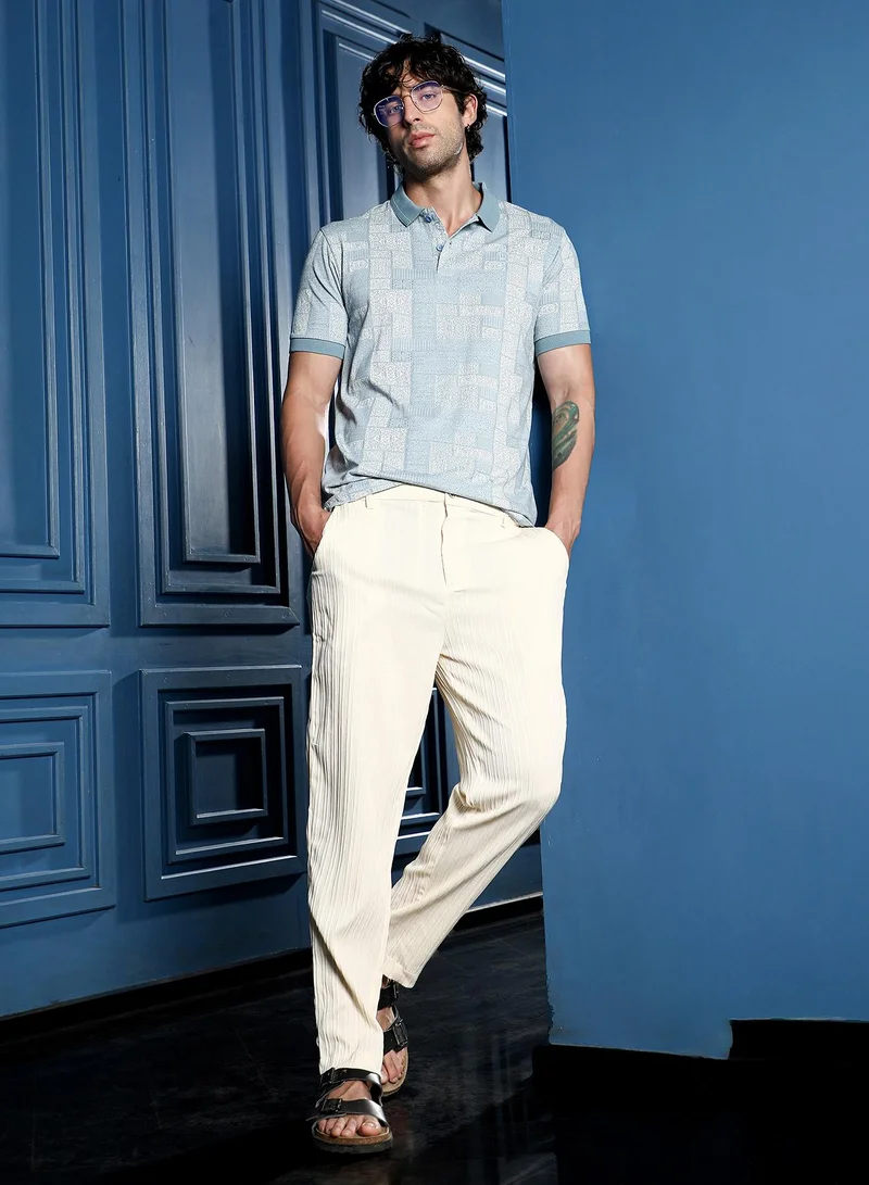 Campus Sutra Men Lattice-Geometric Jacquard Polo T-Shirt | Jacquard Polo Neck, Short Ribbed-Cuff Sleeves | Half-Button , Straight Hem | Floral Jacquard Knitted Fabric For Casual & Daily Wear | Blue