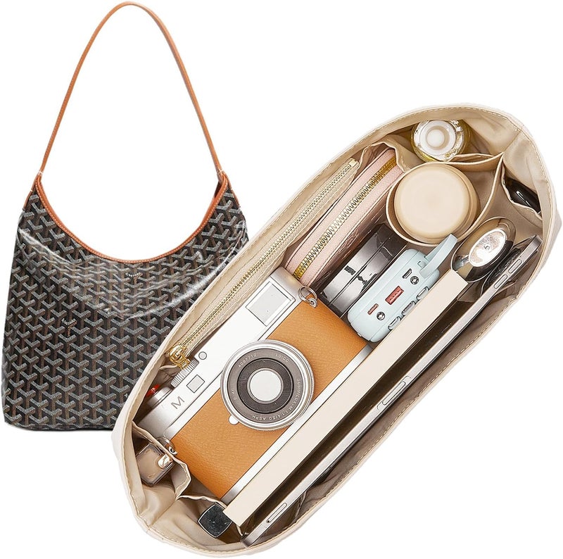 Doxo Nylon Purse Organizer Insert, Bohème Hobo Shoulder Bag Organizer Insert, Tote Bag Insert for Goyard Hobo, Lightweight Waterproof Hobo Insert with YKK Zipper & Elastic Cup Holde, Beige - Image 1