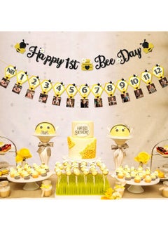 Faisichocalato 3PCS Happy Bee Day Party Decorations, Bumble Honey Bee 1st Birthday Baby Photo Banner for Newborn to 12 Months, Monthly Milestone Photograph Bunting Garland, First Birthday Celebration Decorations  - Image 5