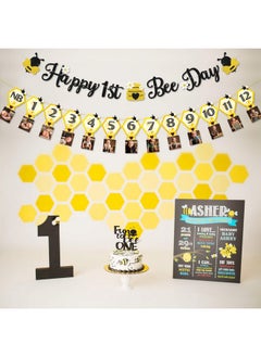 Faisichocalato 3PCS Happy Bee Day Party Decorations, Bumble Honey Bee 1st Birthday Baby Photo Banner for Newborn to 12 Months, Monthly Milestone Photograph Bunting Garland, First Birthday Celebration Decorations  - Image 4