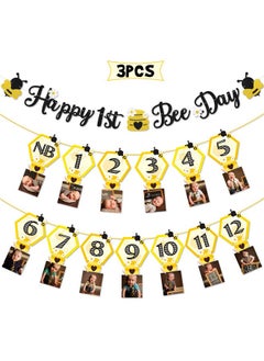 Faisichocalato 3PCS Happy Bee Day Party Decorations, Bumble Honey Bee 1st Birthday Baby Photo Banner for Newborn to 12 Months, Monthly Milestone Photograph Bunting Garland, First Birthday Celebration Decorations  - Image 1