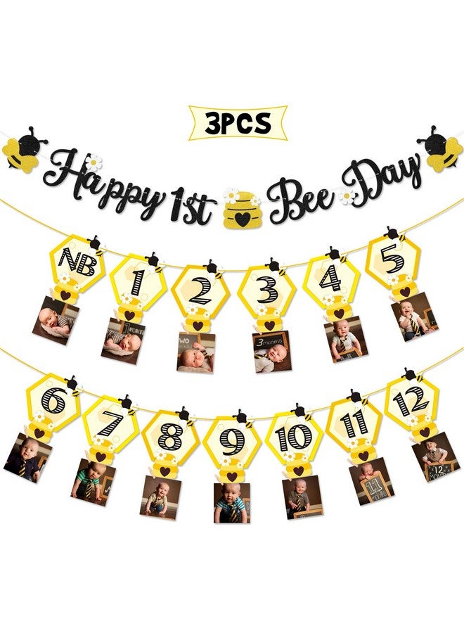 فيسايشوكولاتو 3 قطع من ديكورات حفلات يوم النحل السعيد، لافتة صور عيد ميلاد الطفل الأول على شكل نحلة العسل الطنانة من حديثي الولادة إلى 12 شهرًا، إكليل صور الإنجاز الشهري، ديكورات احتفال بعيد الميلاد الأول - Image 1
