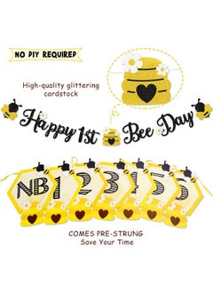 Faisichocalato 3PCS Happy Bee Day Party Decorations, Bumble Honey Bee 1st Birthday Baby Photo Banner for Newborn to 12 Months, Monthly Milestone Photograph Bunting Garland, First Birthday Celebration Decorations  - Image 3