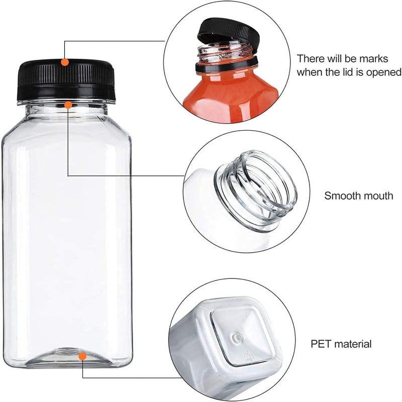 FUFU Room to room portable 12pcs 8oz Plastic Juice Bottles with Caps, Empty Clear Plastic Bottles Bulk with Black Tamper Evident Lids for Juicing, Smoothie and Other Drinks Beverage Fine detail - Image 4