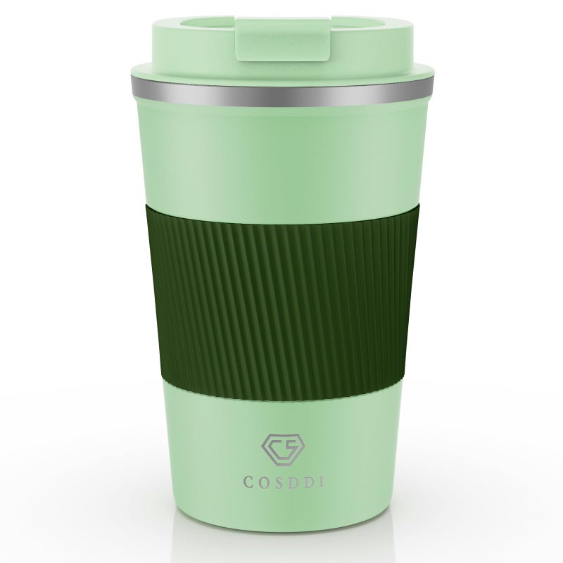 CS COSDDI Travel Mugs Insulated Coffee Cup with Leakproof Lid  Reusable Coffee Cups Travel  Car Coffee Cup  Stainless Steel Coffee Mug for Hot and Cold Water and Tea Olive Green 380 ml