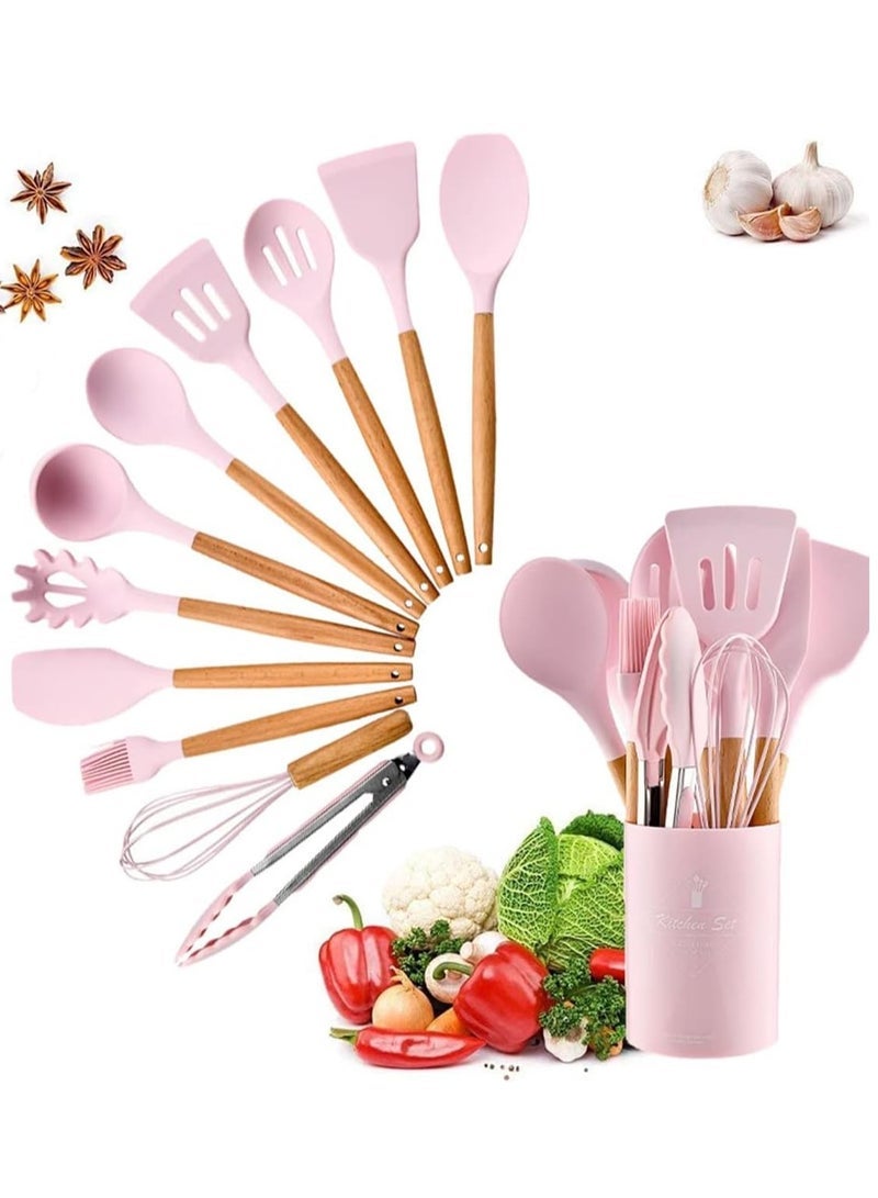 Kitchen set 12 Pcs Silicone Cooking Kitchen Utensils Set Arabest Heat Resistant Wooden Handles Cooking Tool BPA Free Non Toxic Silicone Turner Tongs Spatula Spoon Kitchen Gadgets Set for Nonstick Cookware pink - Image 1