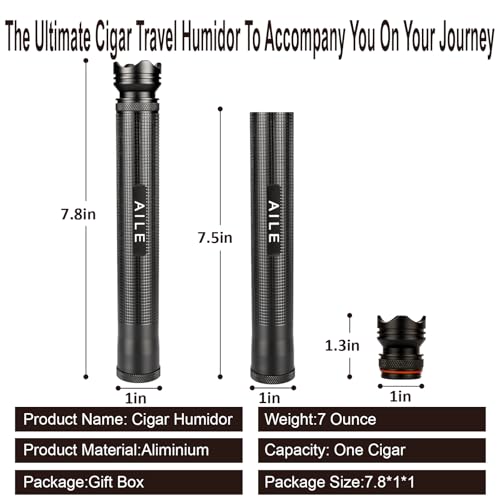 AILE Aluminum Waterproof Shockproof Cigar Tube Case with Cedar Wood Lining, Built-in Humidifier and Stand Cap, Portable Airtight Travel Cigar Holder for Men, Black - Image 2