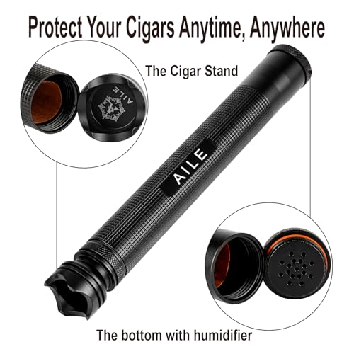 AILE Aluminum Waterproof Shockproof Cigar Tube Case with Cedar Wood Lining, Built-in Humidifier and Stand Cap, Portable Airtight Travel Cigar Holder for Men, Black - Image 3