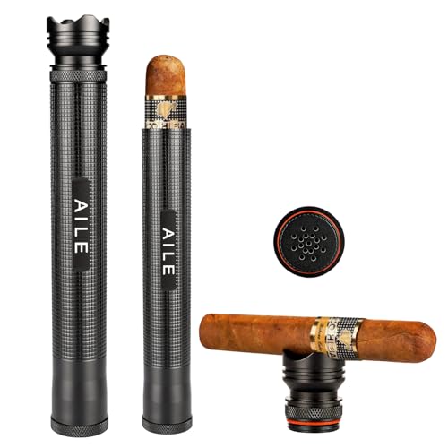 AILE Aluminum Waterproof Shockproof Cigar Tube Case with Cedar Wood Lining, Built-in Humidifier and Stand Cap, Portable Airtight Travel Cigar Holder for Men, Black - Image 1
