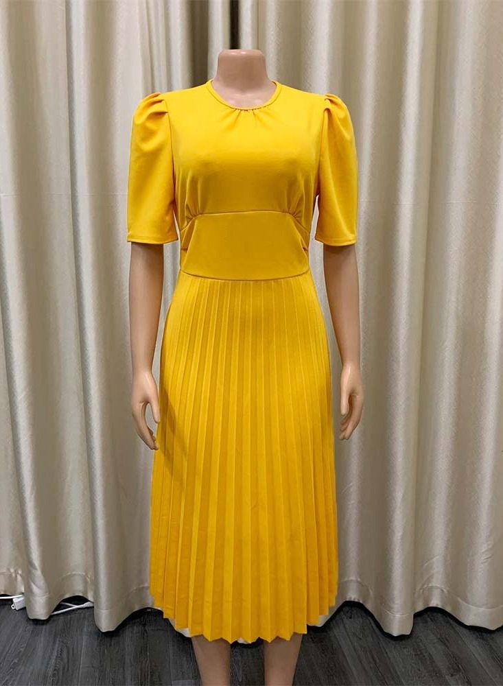 Loquat Short Sleeve Pressed Pleated Solid Color Dress Yellow  - Image 1