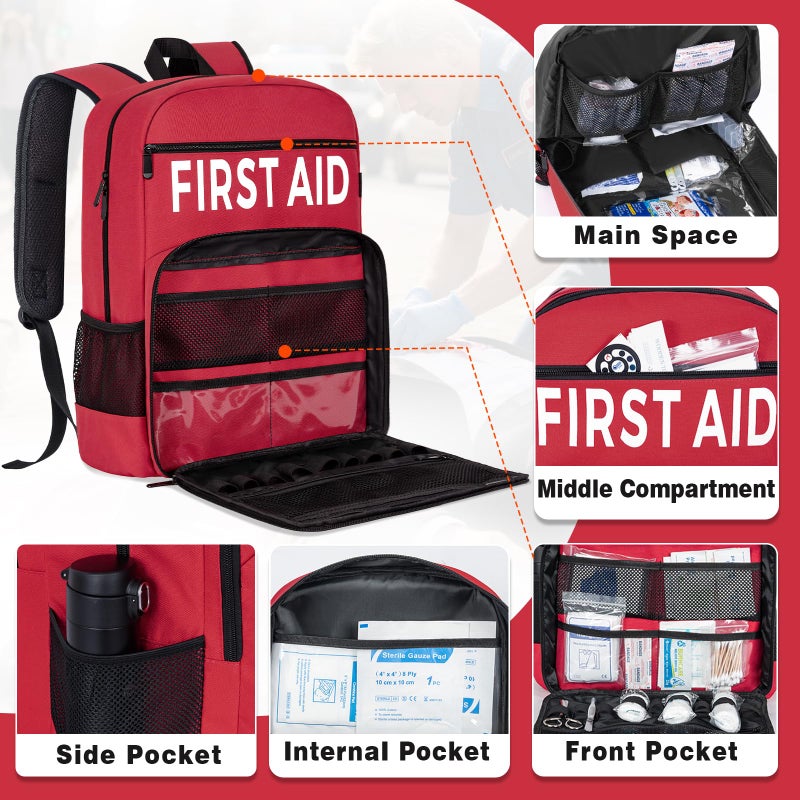 IBVIVIC First Aid Backpack Bag, Empty Emergency Medical Bag with Multi-Pockets for Outdoor Travel Camping, Bag Only (Red) - Image 3