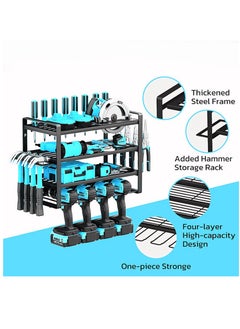 XiuWoo 4 Laye Wall Mount Power Metal Tool Organizer Storage Rack, Drill Holder, Floating Cordless Power Tool Storage Rack, Tool Storage Shelving, Home Storage Rack with Side Screwdriver Rack, Hooks  - Image 3