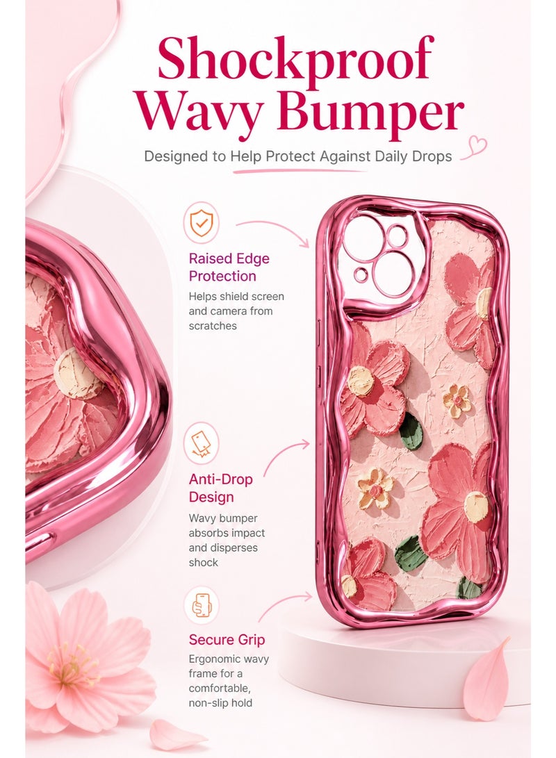 AL RAID Floral Wave iPhone 15 Plus Case, Cute Pink Transparent Phone Cover With Shockproof Wavy Bumper, Clear Back Protective Case, Soft TPU Mobile Cover With Camera Lens Protection For Women And Girls - Image 5