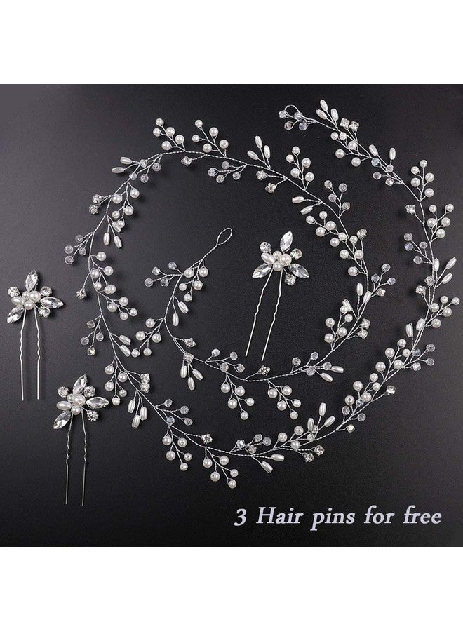 Deniferymakeup Bridal Rose Gold and Gold Silver Extra Long Pearl and Crystal Beads Bridal Hair Vine Wedding Head Piece Bridal Hair Accessories Headband Hair Jewelry Hair Accessories (Silver) - Image 4